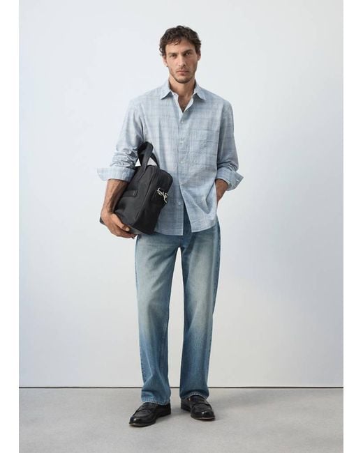 Mango Blue Seersucker Check Textured Shirt for men
