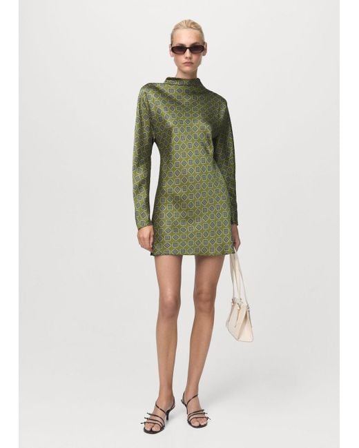 Mango Green Satin Printed Dress With Perkins Collar