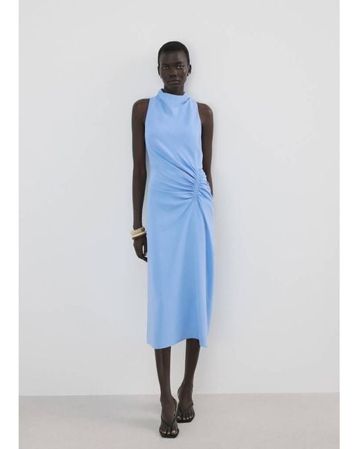 Mango Blue Draped Neck Dress With Side Ruching