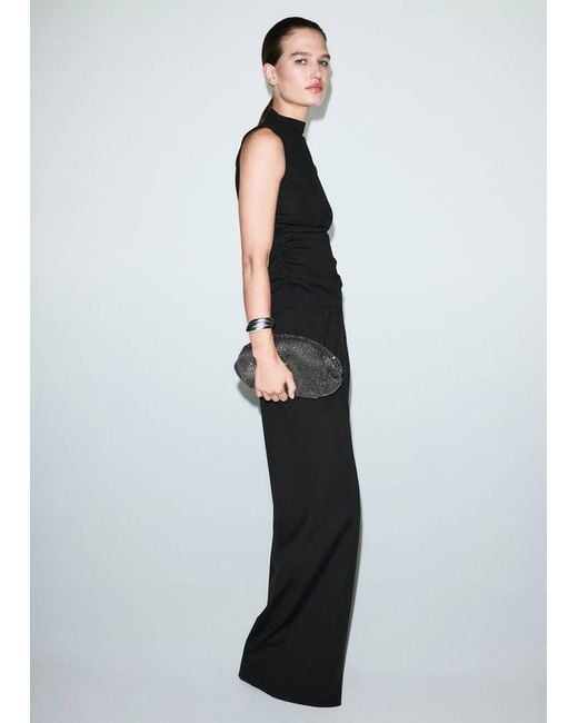 Mango Black Ruched Funnel-Neck Top