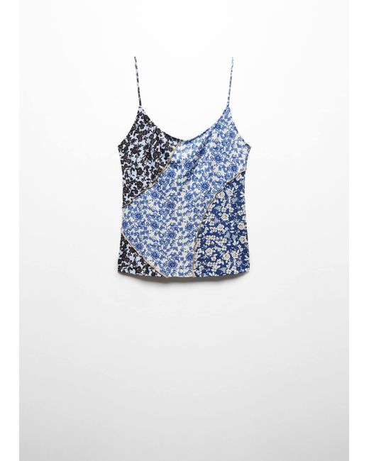 Mango Blue Printed Top With Contrast Stitching