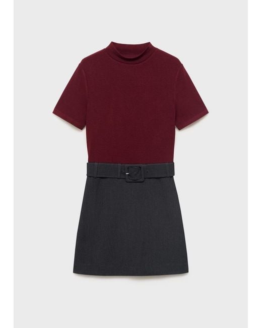 Mango Red Contrasting Belt Dress Burgundy