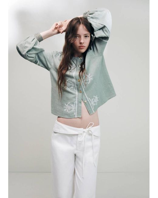 MANGO TEEN Gray Lace Blouse With Puffed Sleeves