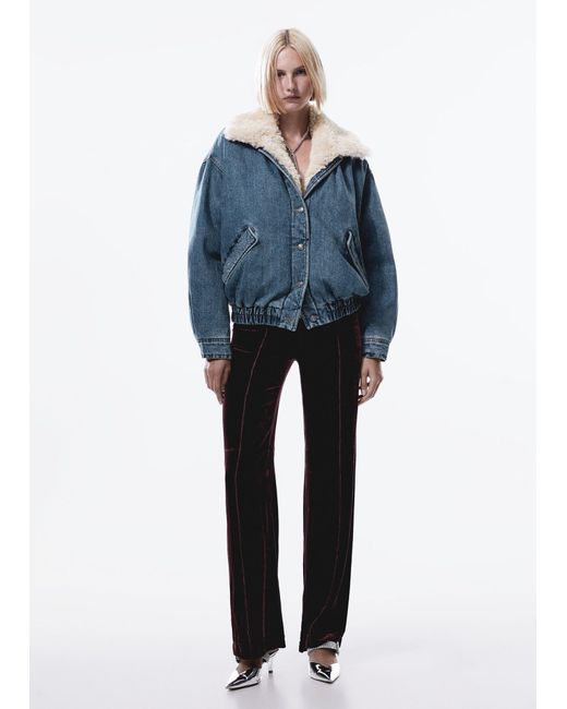 Mango Blue Shearling Denim Bomber Jacket Dark