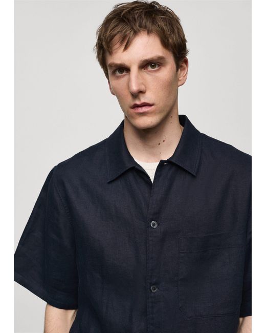 Mango Blue Regular-fit 100% Linen Shirt With Pocket Dark for men