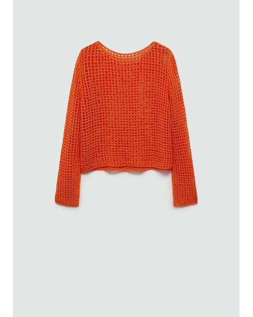 Mango Orange Knit Sweater With Lace Pattern