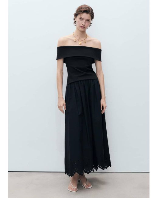 Mango Black Cotton Skirt With Embroidered Hem