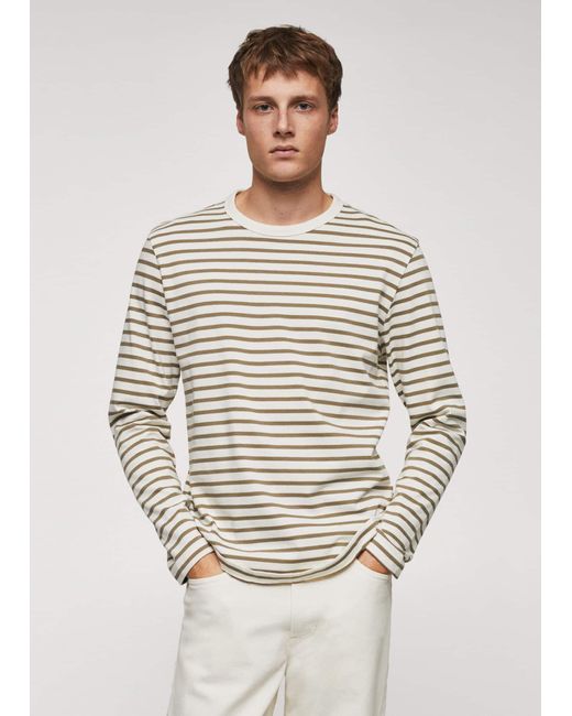 Mango White Striped Long Sleeves T-shirt Olive for men