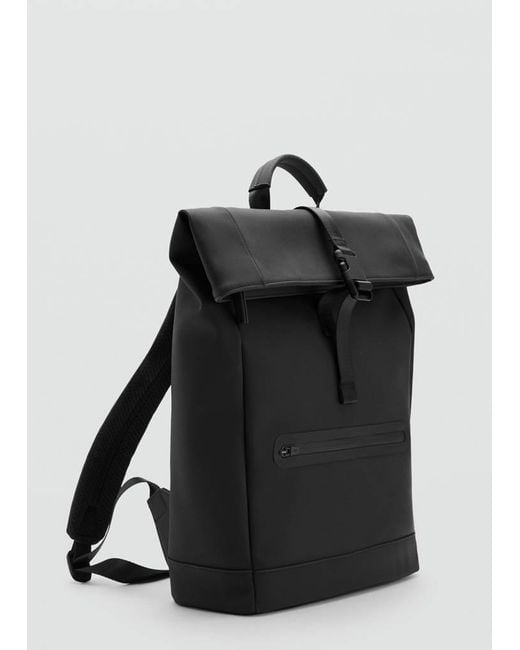 Mango Black Rubberized Backpack With Flap Closure for men
