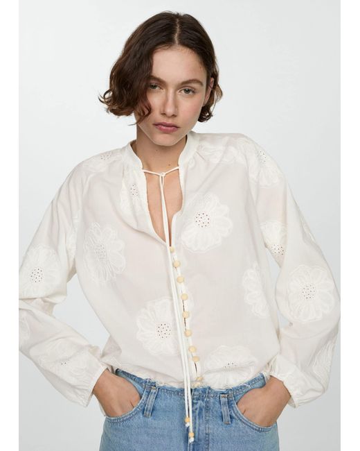 Mango Blue Floral Embroidered Blouse With Bow Off