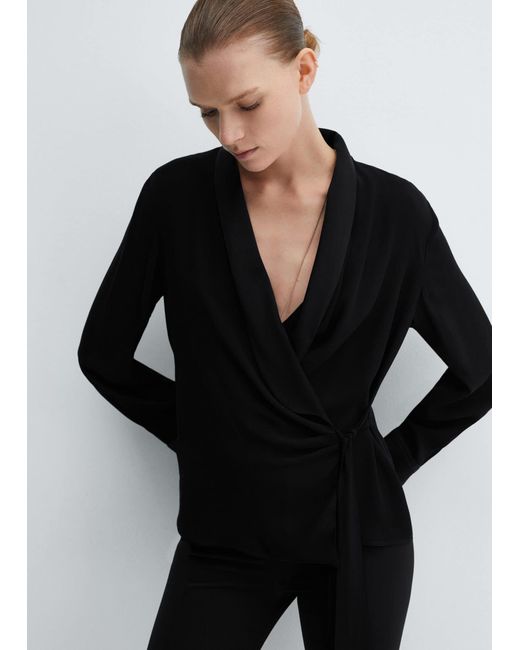 Mango Black Double-breasted Blouse With Bow
