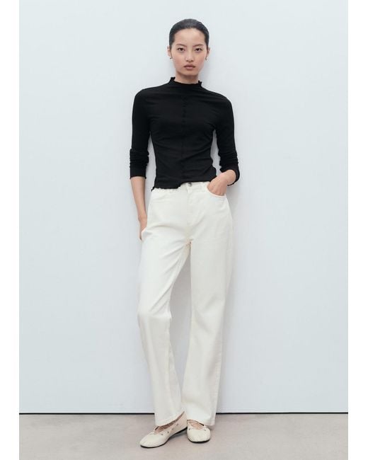 Mango White Ribbed T-Shirt With Scalloped Trim