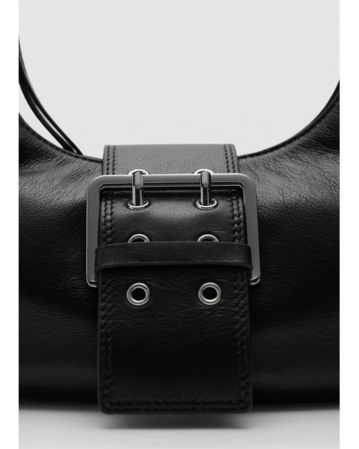 Mango Black Leather Shoulder Bag With Cargo Pockets