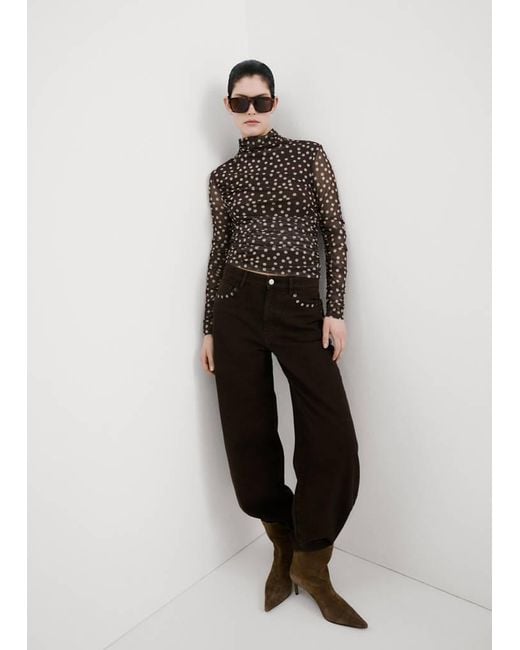 Mango Brown Ruched Polka Dot T-Shirt