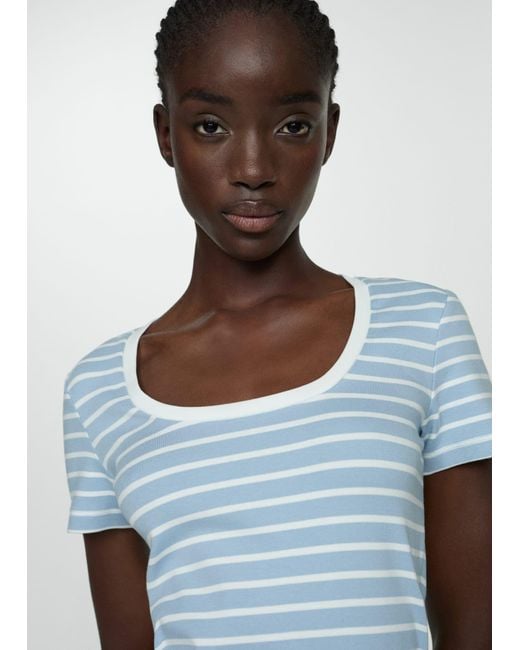 Mango Blue Printed Striped T-shirt