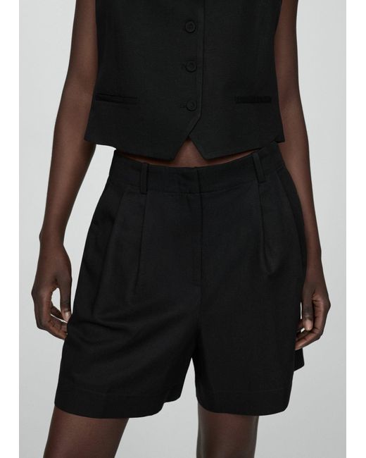Mango Black Linen-blend Bermuda Plated Shorts