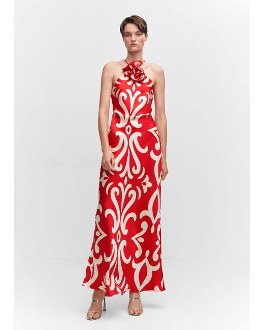 Mango Red Halter Dress With Flower Detail