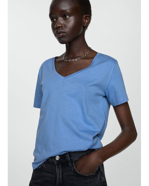 Mango Blue Short-sleeved Cotton T-shirt