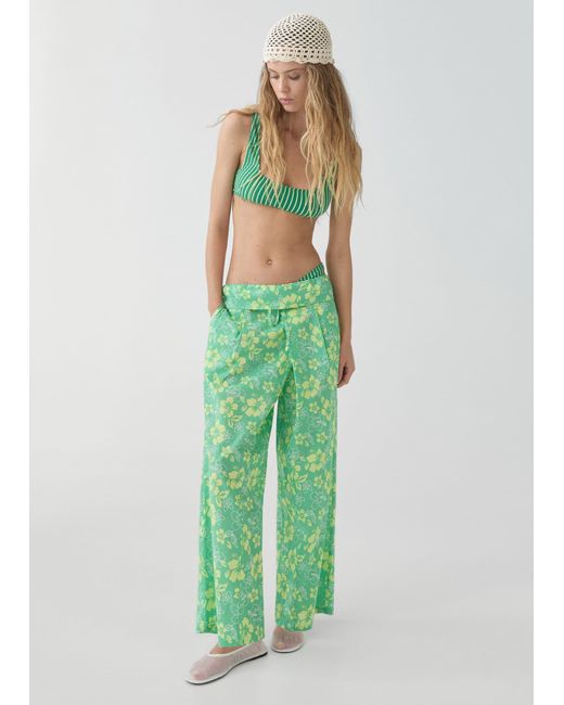 Mango Green Printed Trousers With Turn-up Waist Pastel