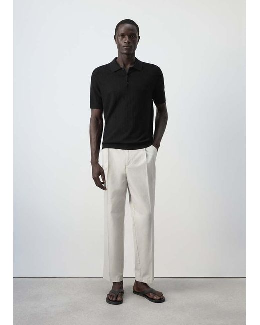 Mango White Fine Rib-Knit Polo Shirt for men