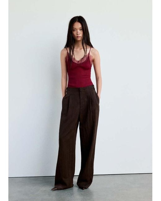 Mango Red Ribbed Lace Top