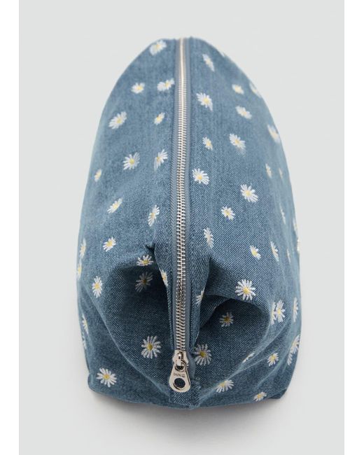 Mango Blue Denim Toiletry Bag Embroidered With Flowers