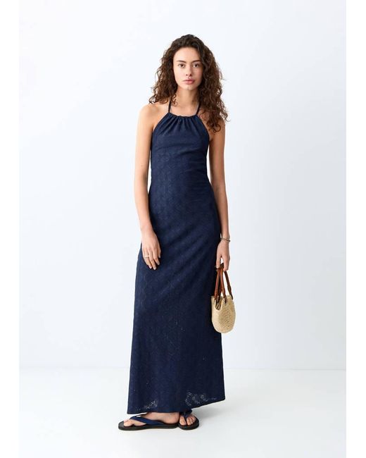 MANGO TEEN Blue Embroidered Halter-Neck Dress