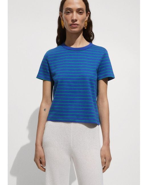 Mango Blue Printed Striped T-shirt