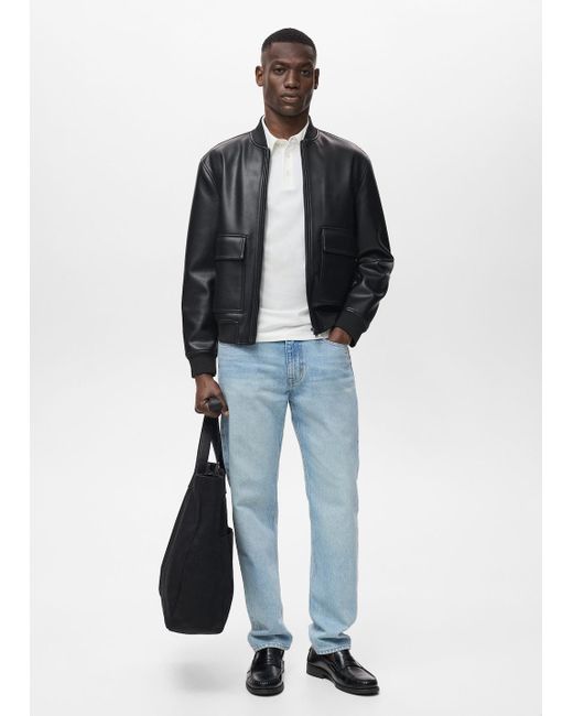 Mango Blue Faux-Leather Bomber Jacket for men