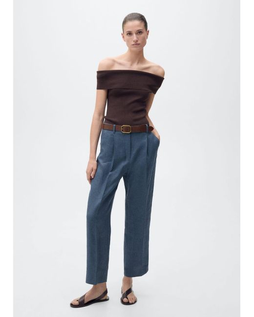 Mango Blue Straight-Fit Linen Trousers With Pleat Detail