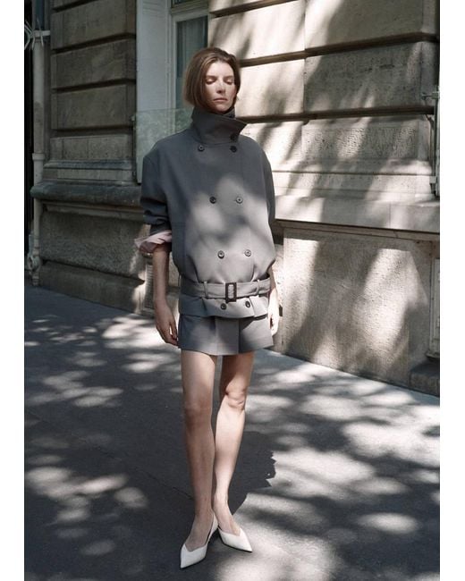 Mango Gray Funnel Neck Belted Trench Coat