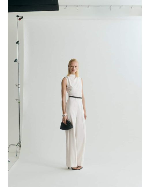 Mango White Long Jumpsuit With Draped Neck And Belt