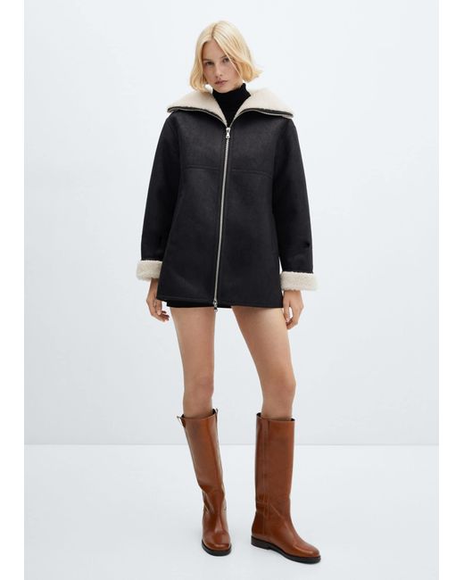 Mango Black Shearling-lined Coat With Zip
