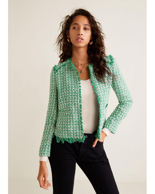 Mango Pocket Tweed Jacket in Green | Lyst UK