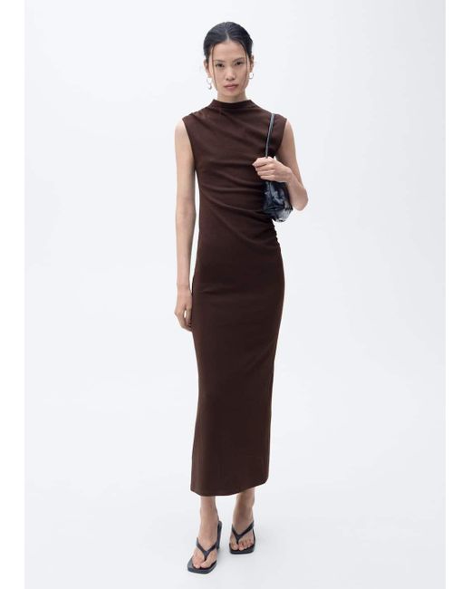 Mango Brown Draped Dress With Perkins Collar