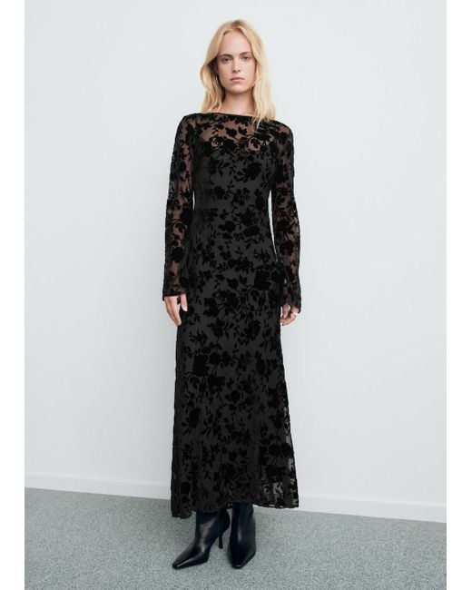 Vestito Jacquard Floreale Maniche Scampanate Nero di Mango in Nero