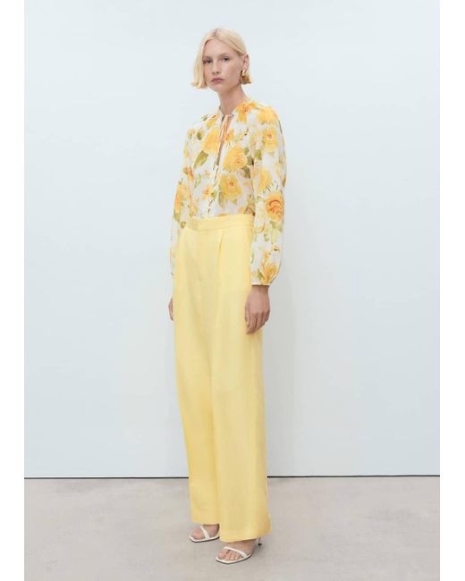 Mango White Linen-Blend Pleated Trousers