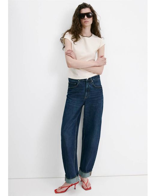 Mango Blue Cotton T-Shirt With Contrast Piping