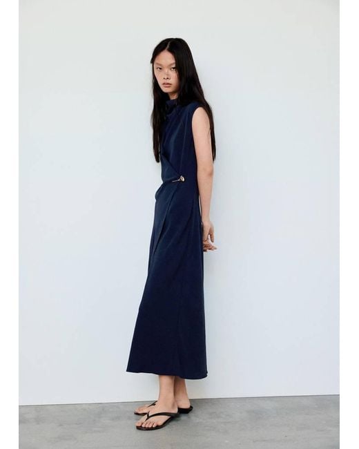 Mango Blue Draped Dress With Jewel Detail
