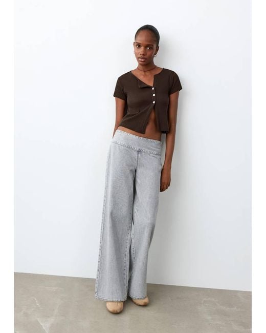 MANGO TEEN Gray Ribbed T-Shirt With Button Details
