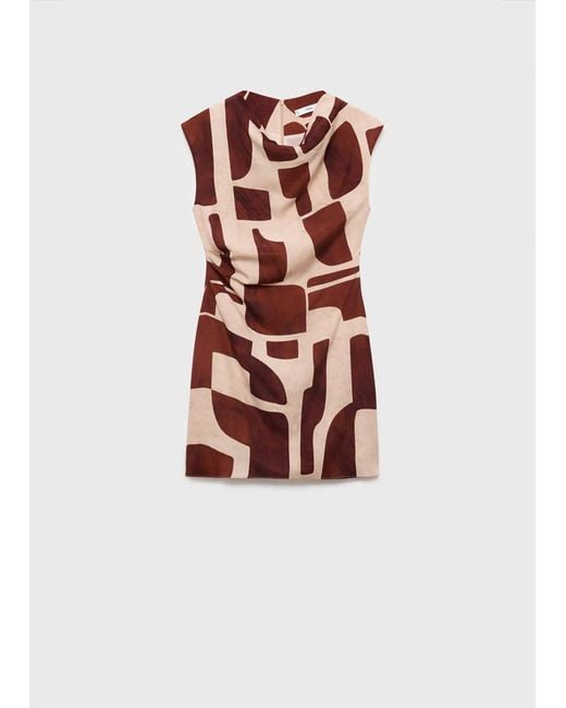 Mango White Draped Neck Printed Dress Ecru