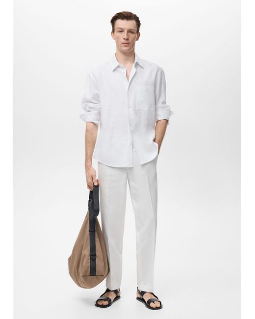 Mango White 100% Linen Shirt With Pocket for men