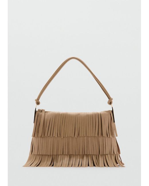 Mango Natural Large Leather Shoulder Bag With Fringes
