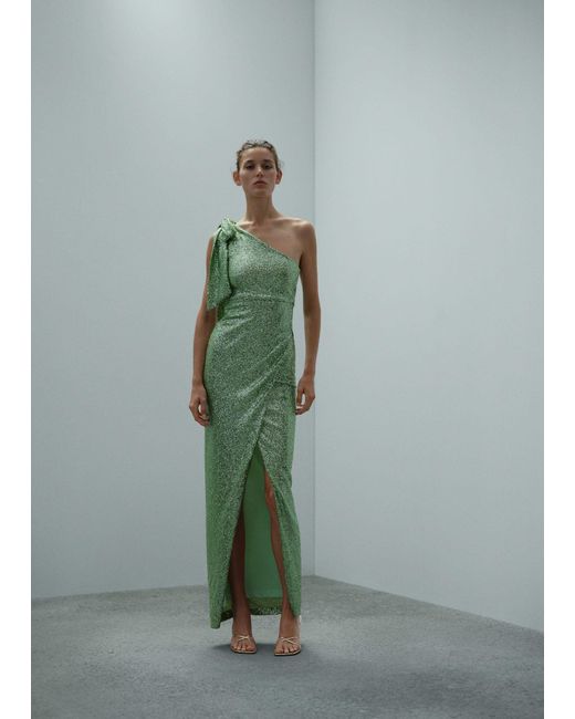 Mango Green Asymmetrical Sequin Dress With Bow