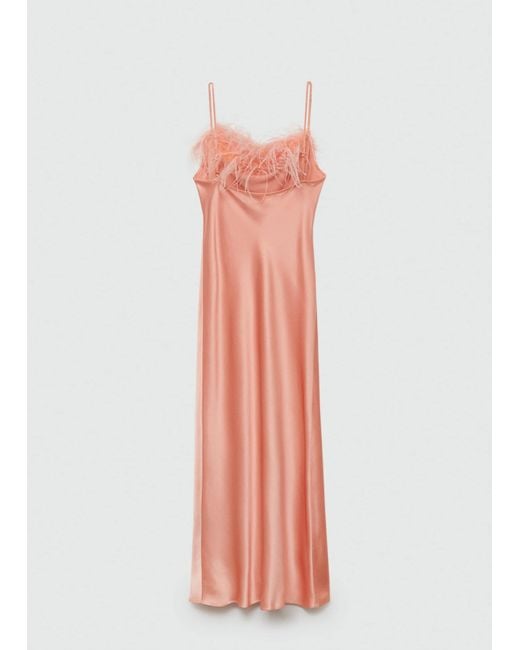 Mango Natural Satin Dress With Feather Detail Pastel