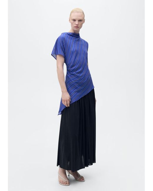 Mango Blue Asymmetrical Striped Blouse
