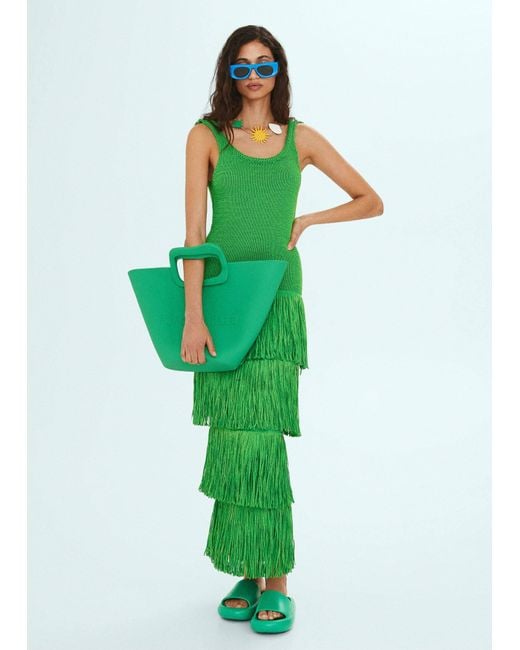 Mango Green Knitted Dress With Fringe Design