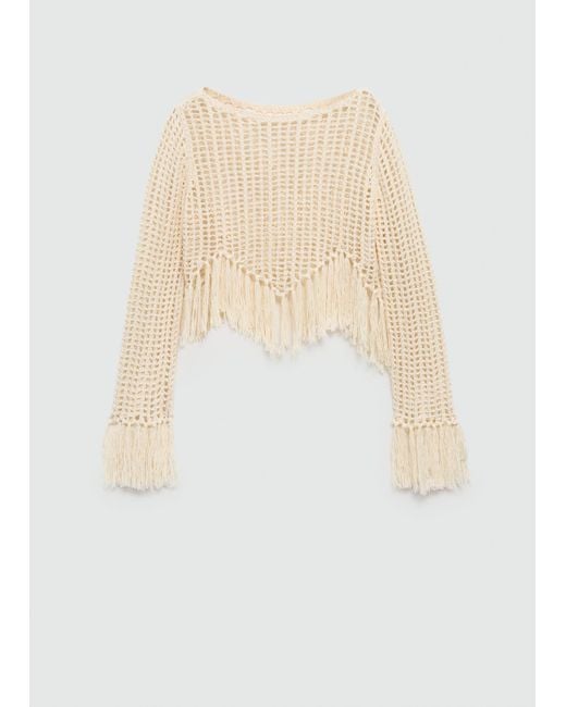 Mango Natural Openwork Knitted Sweater With Fringes
