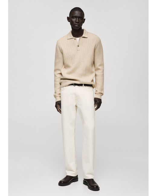 Mango Natural Knitted Structured Polo Sweater Ecru for men