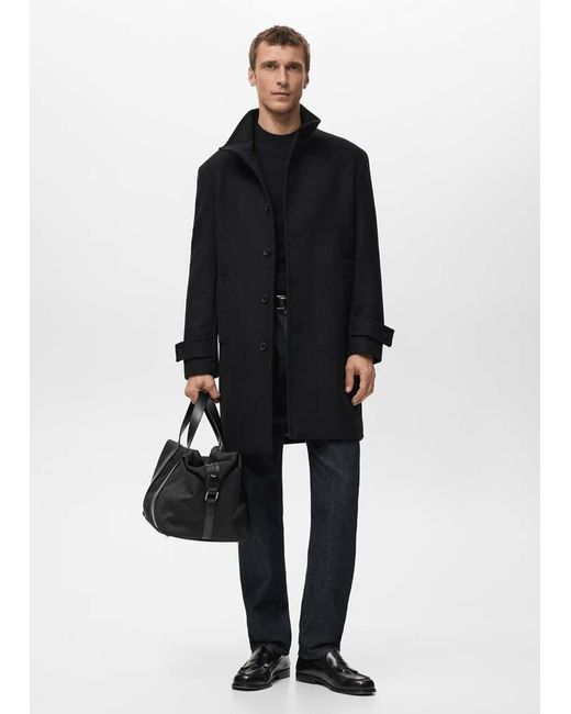 Mango Black Wool Funnel Neck Coat for men